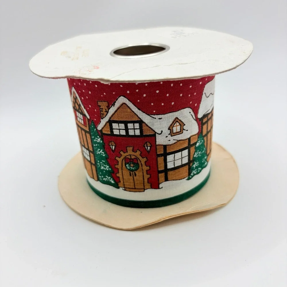 Lion Ribbon Village Christmas Red Winter Scene Fabric Ribbon 2.5